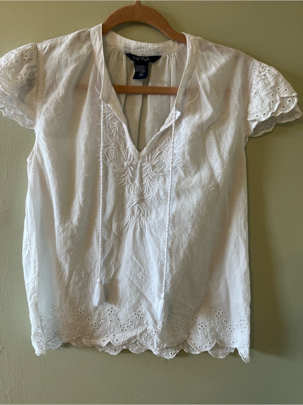 White Eyelet Embroidered Peasant Blouse with Tassel Ties 100%Cotton